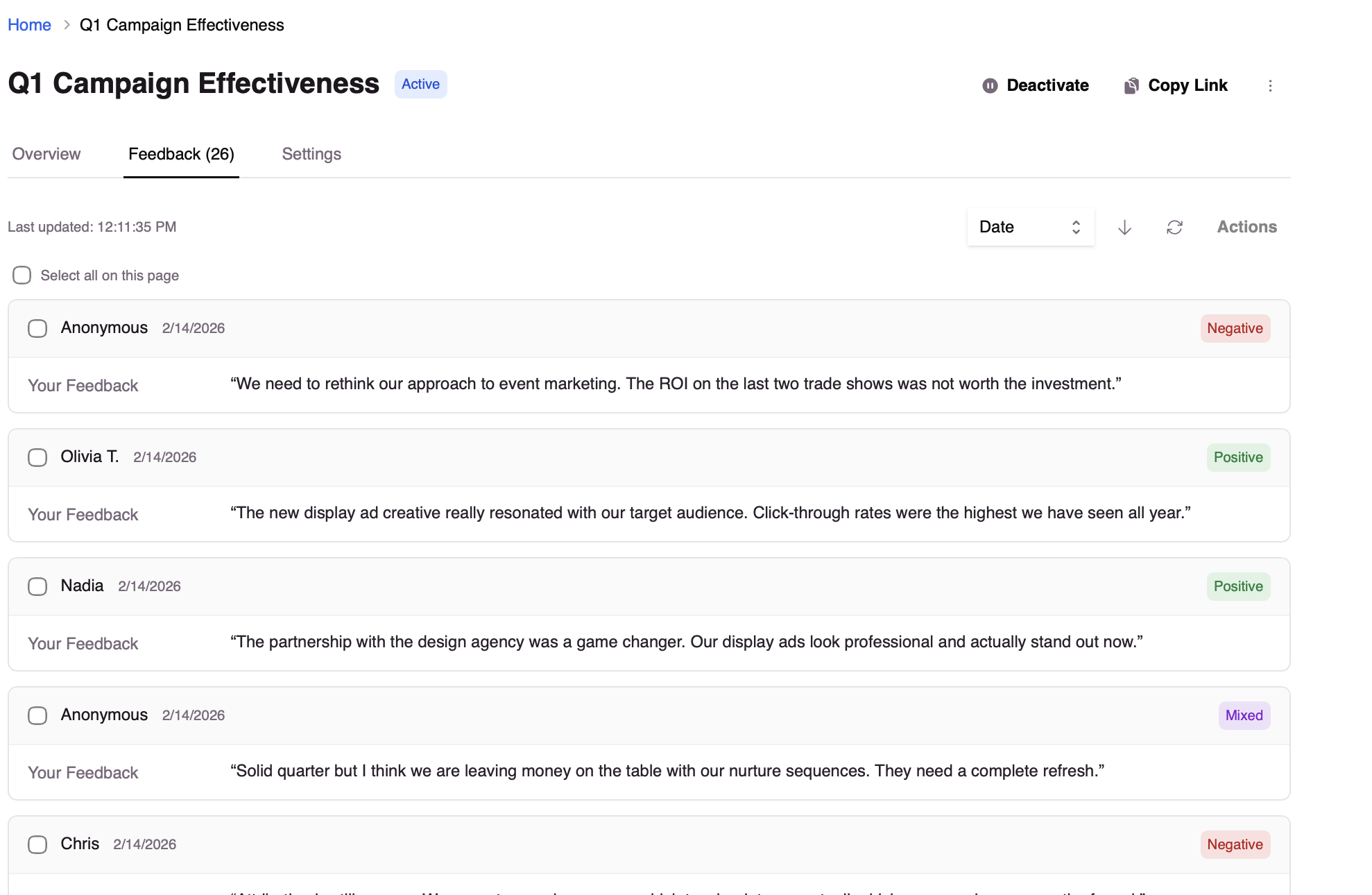 Responses feed with AI sentiment badges
