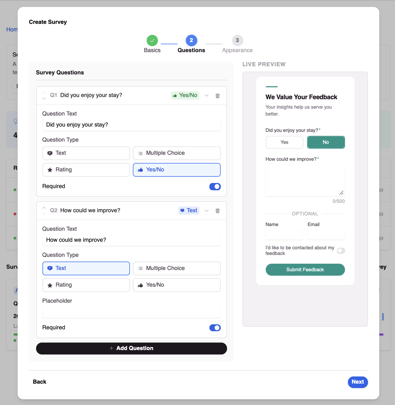 Survey builder with question types and live preview